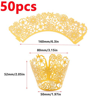 Gold Lace Cupcake Liners, Wedding & Party Baking Wrappers - 50Pcs