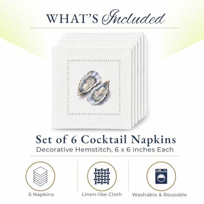 Jolitee Coastal Oyster Pair Cocktail Napkins - Reusable 6x6 Inch Set of 6