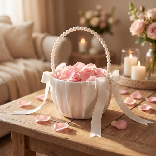 Flower Girl Basket for Weddings Ivory Pearl Bow Handcrafted Decorative Holder