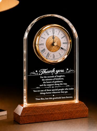 Thank You Gifts for Women Men - Glass Clock with 3-Color LED Wooden Base - Thank You Gift with Wooden Light Base