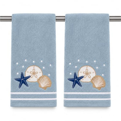 Gone Coastal Hand Towels for Bathroom - Light Blue Shells, Starfish & Sand Dollar - 2 Pack