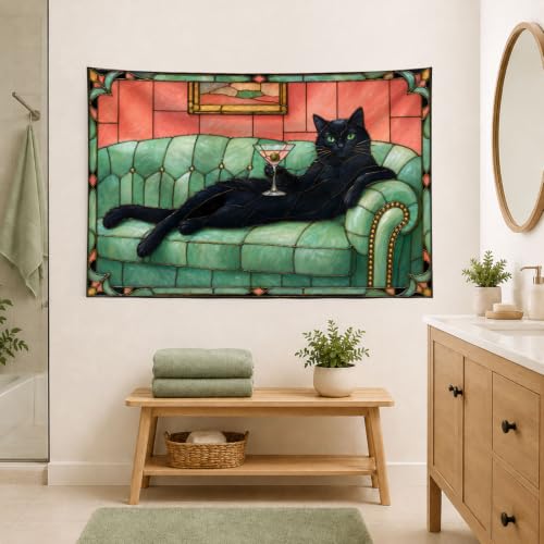Black Cat Wall Tapestry - Green Couch & Wine Glass, 60x40 Inches - Variation of Black Cat Green Couch #TA005