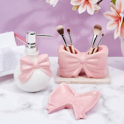 Pink Ceramic Bathroom Accessories Set with Bow - Soap Dispenser Toothbrush Holder & Soap Dish