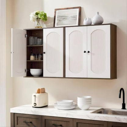 Bathroom Fluted Wall Cabinet with 2 Doors - Walnut/White, Fully Enclosed, 23.4 x 7.8 x 24.6 inches