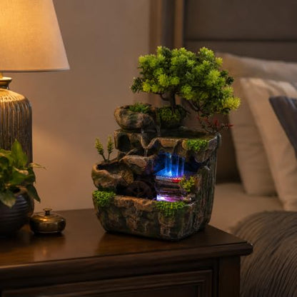 Indoor Tabletop Water Fountain with LED Light - Rockery Waterfall Decor
