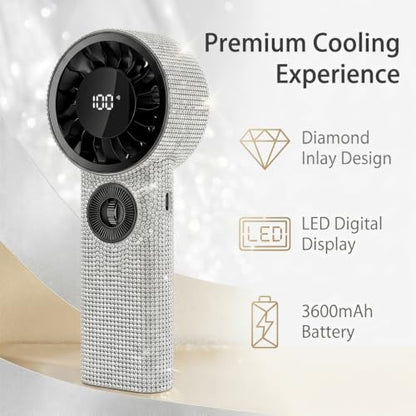White Diamond Luxury Handheld Fan with Rhinestones, 100 Speed Stepless Control