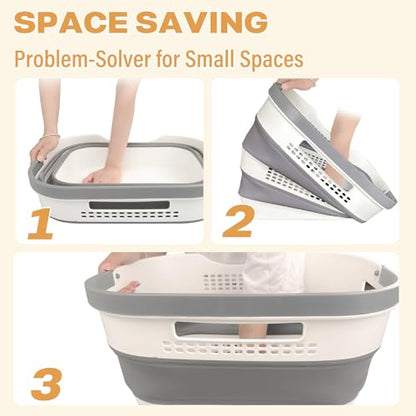 Grey Collapsible Laundry Basket 43L+43L Plastic Storage Bin 2 Pack