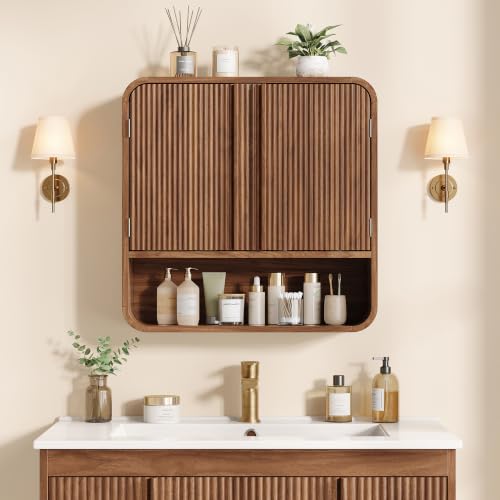 Vabches Walnut Fluted Bathroom Wall Cabinet, 23.6 Inch Tall Storage