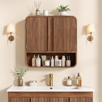 Vabches Walnut Fluted Bathroom Wall Cabinet, 23.6 Inch Tall Storage