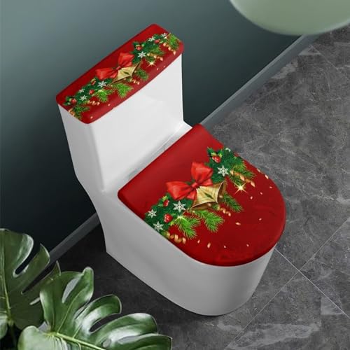 Christmas Toilet Seat Cover Set Xmas Jingle Bell Elongated Toilet Lid Cover Bathroom Decor