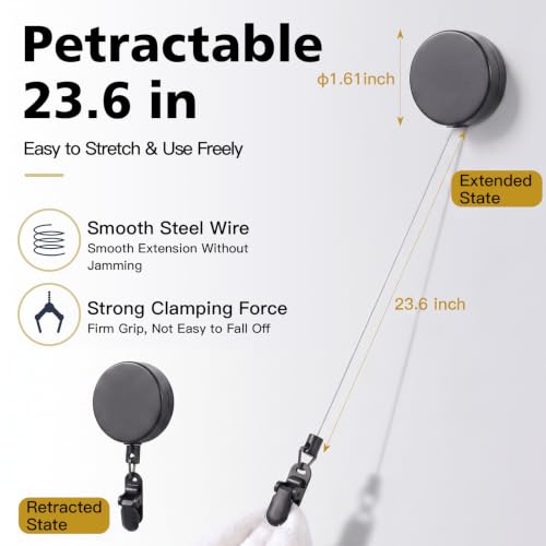 Retractable Towel Clip Hand Towel Holder with Extendable Cord - Black Plastic 2 Pack