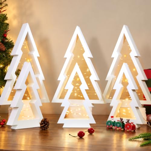 6 Pcs Wooden Christmas Trees with Lights Set - White Tabletop Holiday Decor - Variation of 6