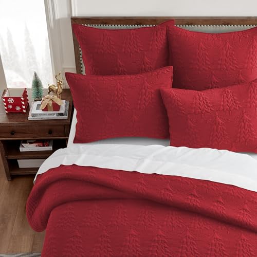 Reversible Christmas Tree Bedspread Set - King Size Red Quilted Bedding with Shams - Holiday Decor