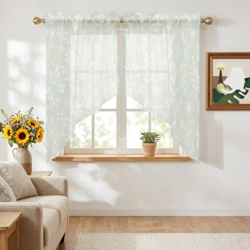 Sage Green Floral Curtain Set - 2 Panels, 45 Inch Length, Semi-Sheer Valances for Kitchen & Living Room, Rustic Pastoral Style with Variation Green, Sage, Celadon, Mist