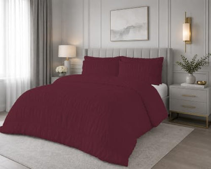Queen Size Egyptian Cotton Duvet Cover Set with Zipper & Corner Ties - Wine - 3 Piece Ruched Bedding