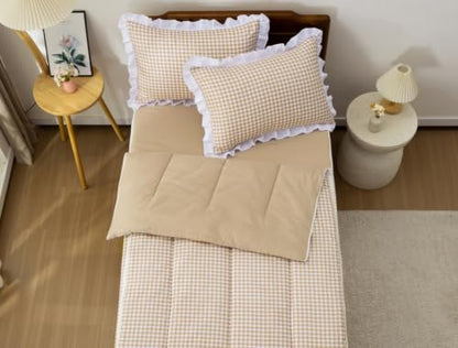 Girls Full Plaid Zipper Bedding Set - Khaki with Ruffle Details