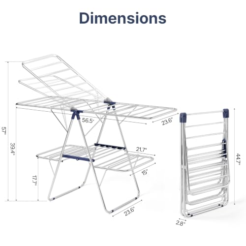 Large Dark Blue Stainless Steel 2-Tier Foldable Clothes Drying Rack - 57 Inches Max Height