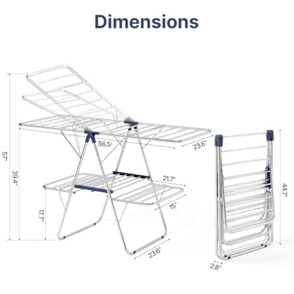 Large Dark Blue Stainless Steel 2-Tier Foldable Clothes Drying Rack - 57 Inches Max Height