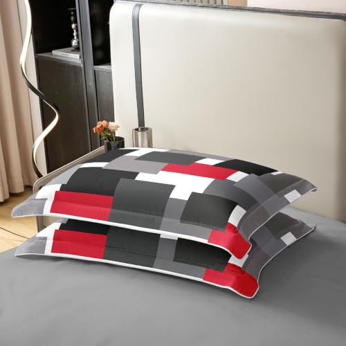 Red Geometric Duvet Cover Set - 100% Cotton Queen Size with Pillow Shams