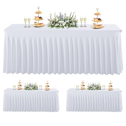 White Spandex Table Cloths 3 Pack for 6ft Rectangle Tables with Skirt - Wrinkle-Free Fitted Cover Set