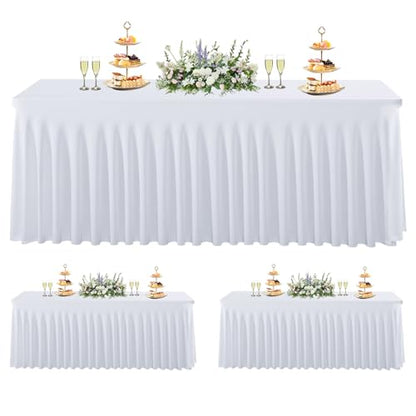White Spandex Table Cloths 3 Pack for 6ft Rectangle Tables with Skirt - Wrinkle-Free Fitted Cover Set