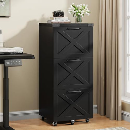 Farmhouse 3-Drawer Tall File Cabinet on Wheels - Black, Space-Saving Storage