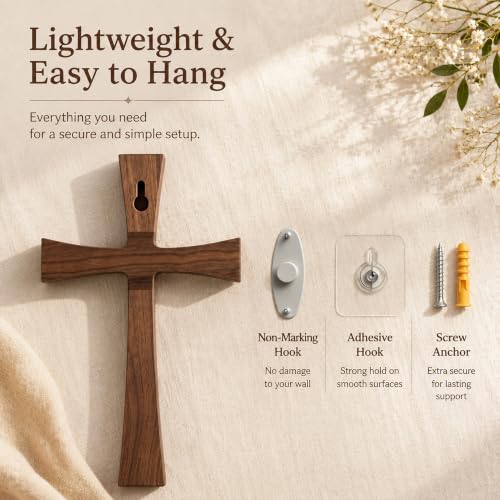 11-Inch Walnut Wood Cross Wall Decor - Natural Wooden Faith Symbol