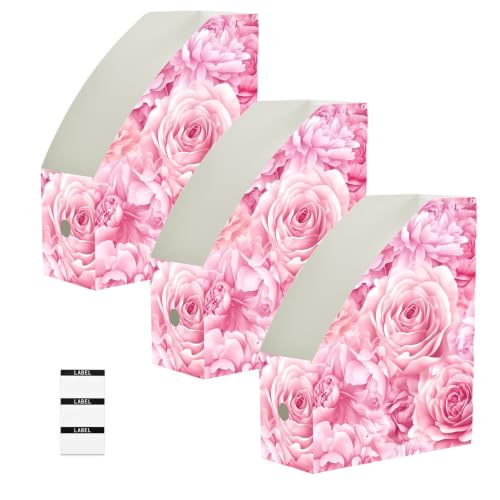 Pack of 3 Pink Rose Peony Magazine File Holders Water-Resistant PP Office Organizer