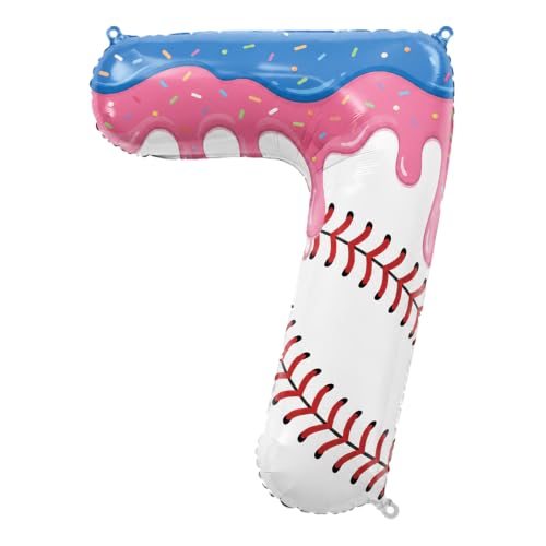 Pink Baseball Drip Number 7 Balloon for Birthday Party Decorations