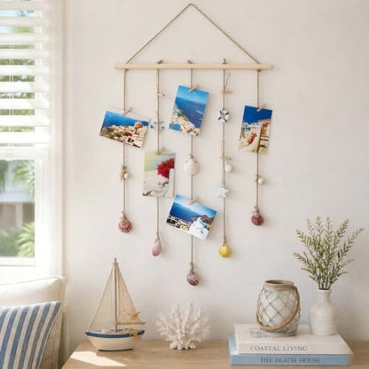 Nautical Photo Display Wall Hanging with Clips - Coastal Decor, Blue Seashell L