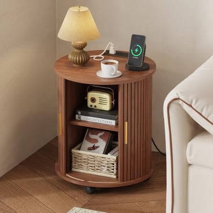 Fluted End Table with Lockable Charging Station, Walnut – 2-Drawer/2 Sockets & USB, Wheels