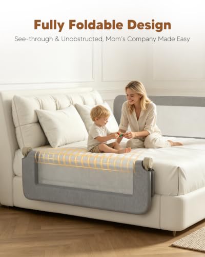 Toddler Bed Rail Guard 75in Gray Foldable Safety Bed Guard with Reinforced Steel Frame