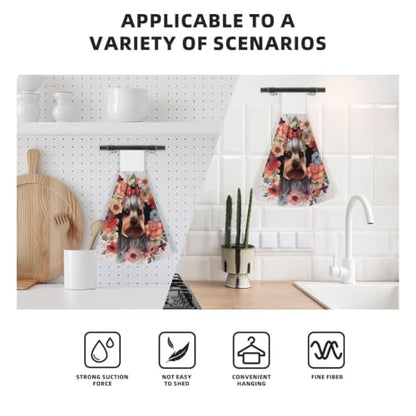 2pcs Absorbent Hanging Kitchen Hand Towels with Loop - Yorkie Floral Pattern