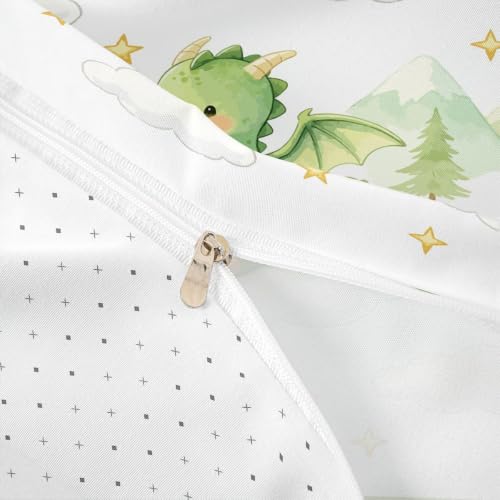 Castle Fairy Cute Dragon Duvet Cover Set Twin Watercolor Kids Bedding with Pillowcase - White Green