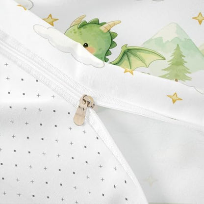 Castle Fairy Cute Dragon Duvet Cover Set Twin Watercolor Kids Bedding with Pillowcase - White Green