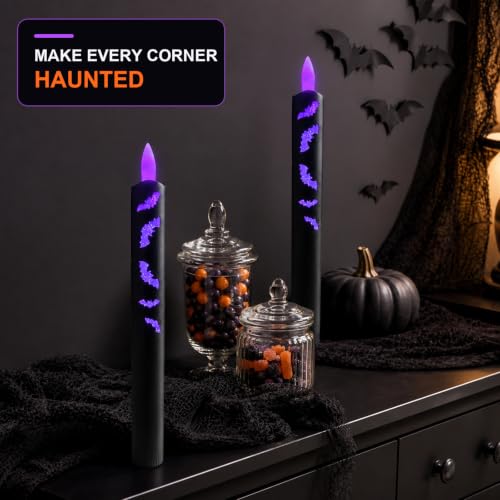 Halloween Flameless Taper Candles with Remote & Timer - Black, 9.8 Inch - Set of 2