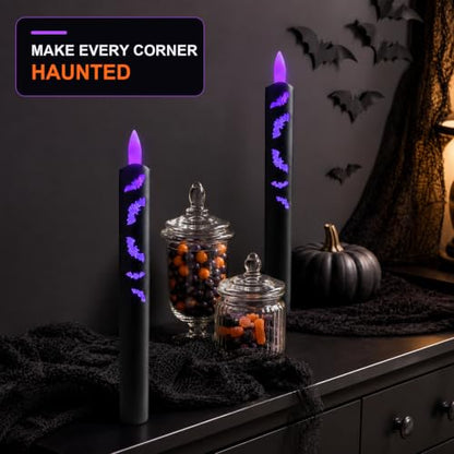 Halloween Flameless Taper Candles with Remote & Timer - Black, 9.8 Inch - Set of 2