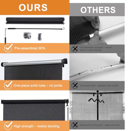 Outdoor Roller Shades 36W x 84H Black Solar Fabric Spliced Pole