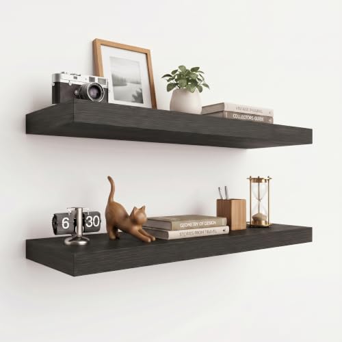 24 Inch Deep Floating Wall Shelves Set of 2 Black Wood Grain