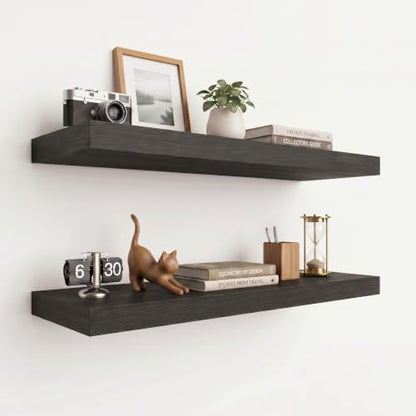 24 Inch Deep Floating Wall Shelves Set of 2 Black Wood Grain