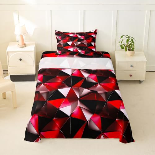 Kids Bed Sheet Set Twin Size Black Red Geometric 3D Bedding with Deep Pockets