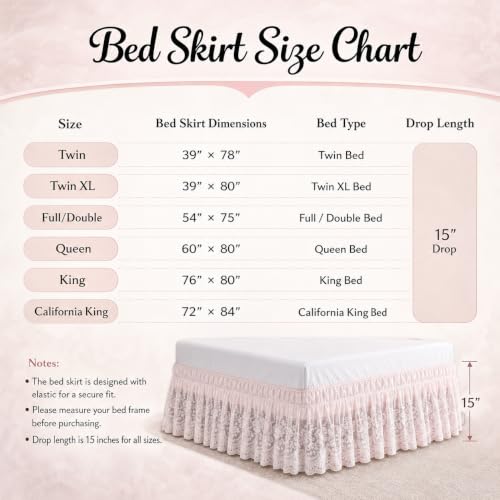 Off-White Lace Bed Skirt with Elastic Edge - 15 Inch Drop Ruffled Dust Ruffle - Princess Style