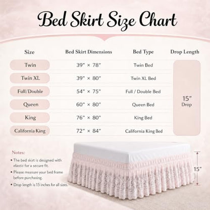 Off-White Lace Bed Skirt with Elastic Edge - 15 Inch Drop Ruffled Dust Ruffle - Princess Style