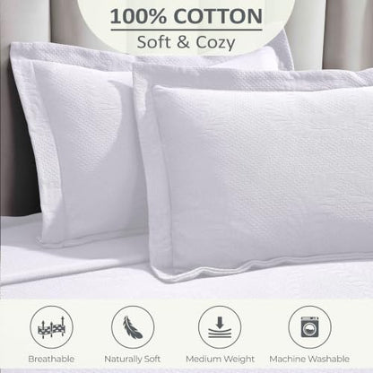 King Cotton Bedspread Set with Pillow Shams - White, Oversized, All-Season Comfort