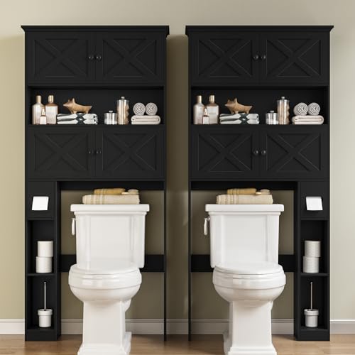 Over Toilet Storage Cabinet with Doors & Paper Holder, Black - Space Saving Bathroom Organizer