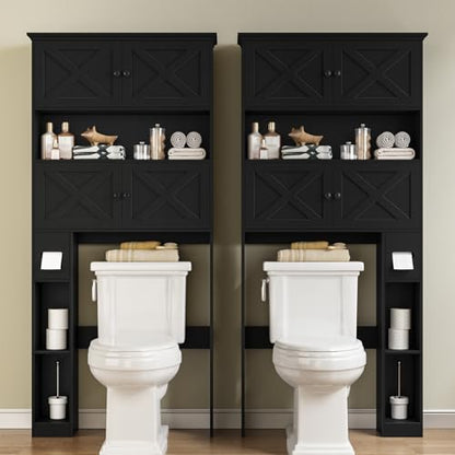 Over Toilet Storage Cabinet with Doors & Paper Holder, Black - Space Saving Bathroom Organizer