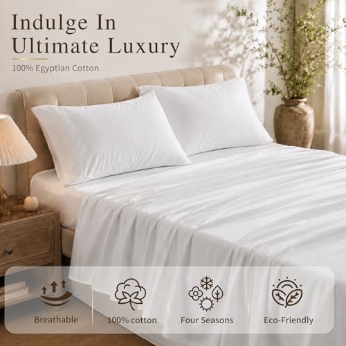 Queen Egyptian Cotton Bed Sheets with 16-Inch Deep Pockets, White - Luxury Bedding Set