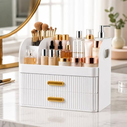 Makeup Organizer with Drawers and Brush Holder - Large White Vanity Storage