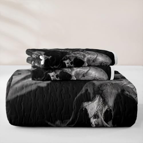 Halloween Gothic Bedspread Set Queen Black Skull Rose Coverlet with Pillowcases