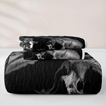 Halloween Gothic Bedspread Set Queen Black Skull Rose Coverlet with Pillowcases